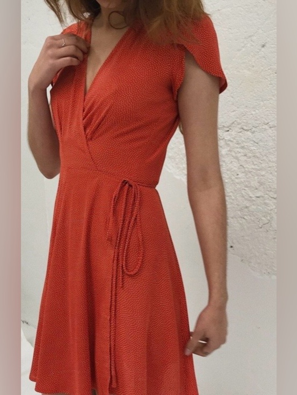 ROLLA'S Rust-Red Polka Dot Wrap Midi Dress with Tie Waist